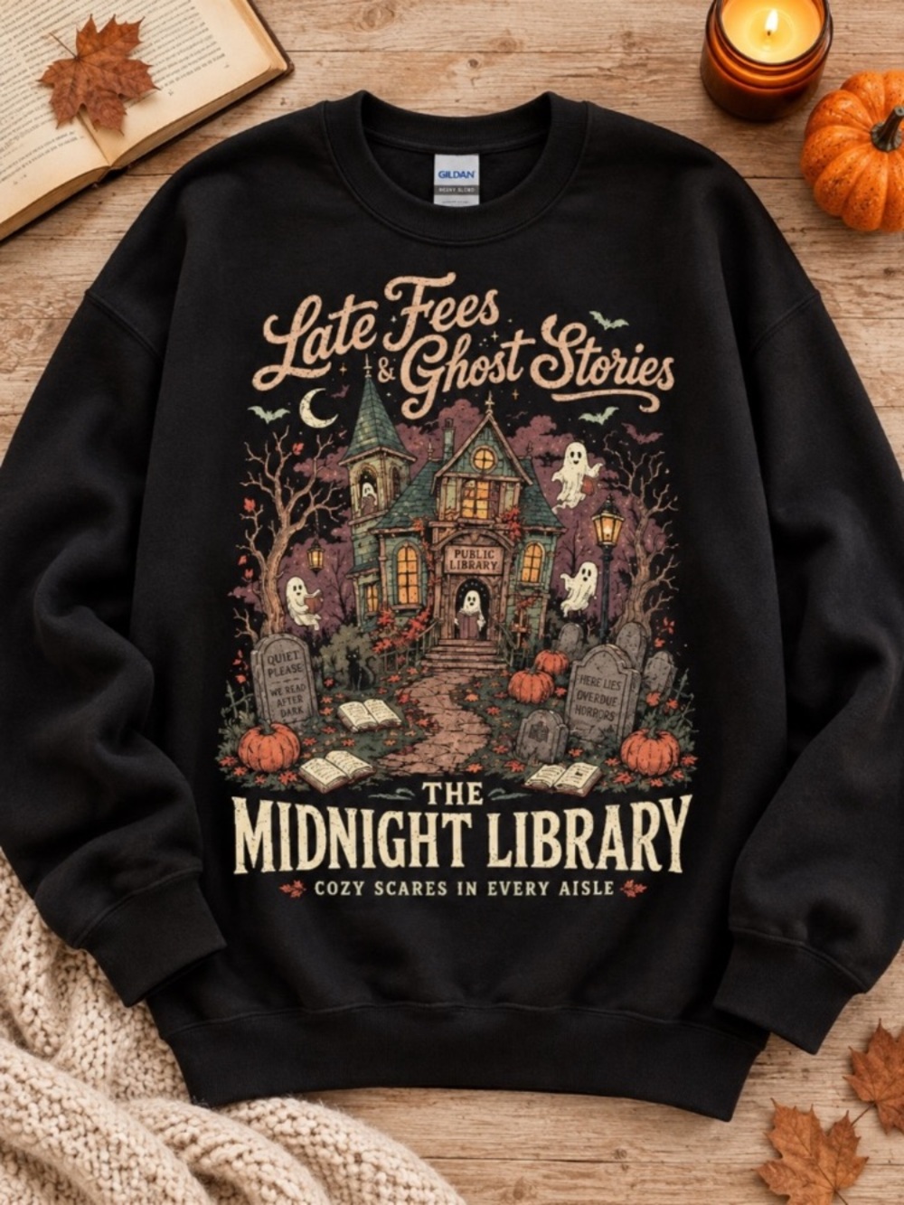 Black 'The Midnight Library' Halloween Graphic Crewneck